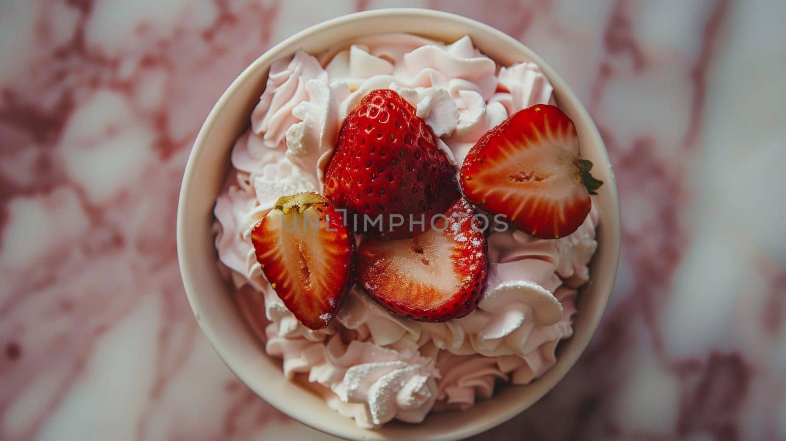 A bowl of strawberries and whipped cream on a white plate