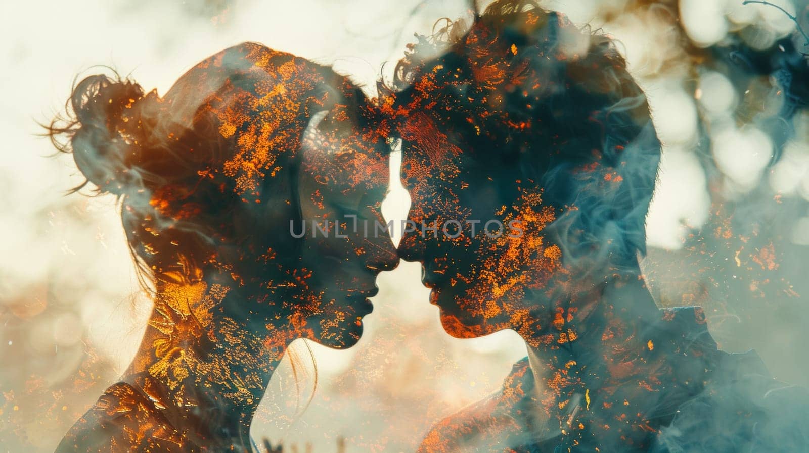 A couple is kissing in a photo with smoke and fire, AI by starush