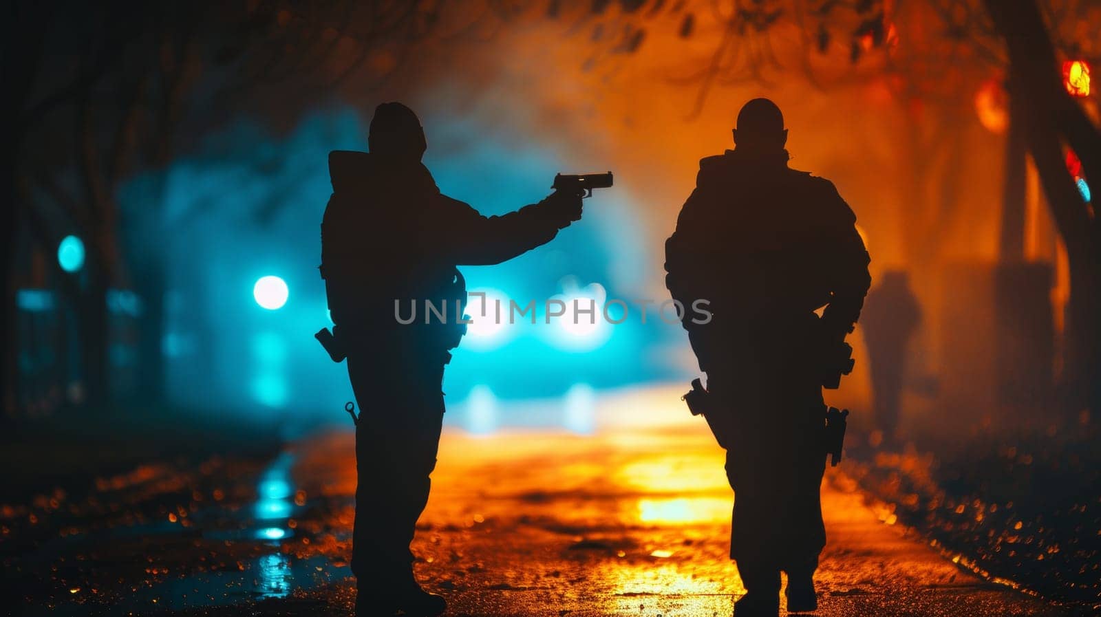 Two men standing in the dark holding a gun and pointing it at each other