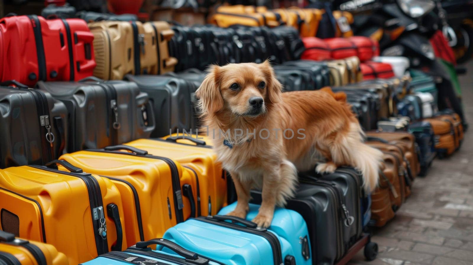 A dog standing on top of a pile of luggage
