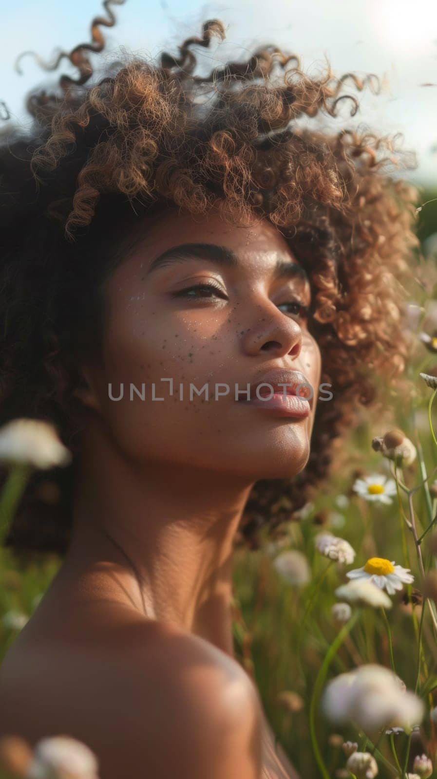 A woman with curly hair standing in a field of flowers, AI by starush