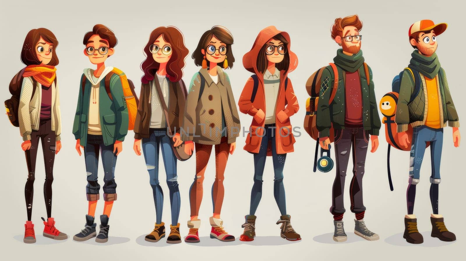 A group of cartoon characters with different clothing and accessories, AI by starush