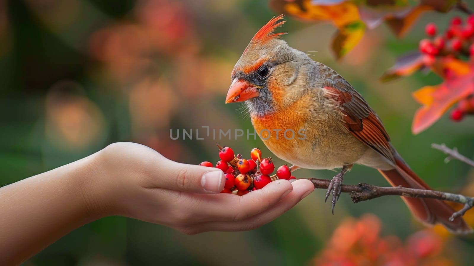 A bird perched on a branch of red berries being held out by hand, AI by starush