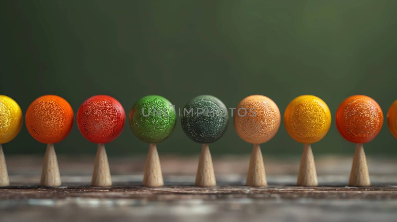 A row of colorful wooden spoons with different colored balls on them, AI by starush