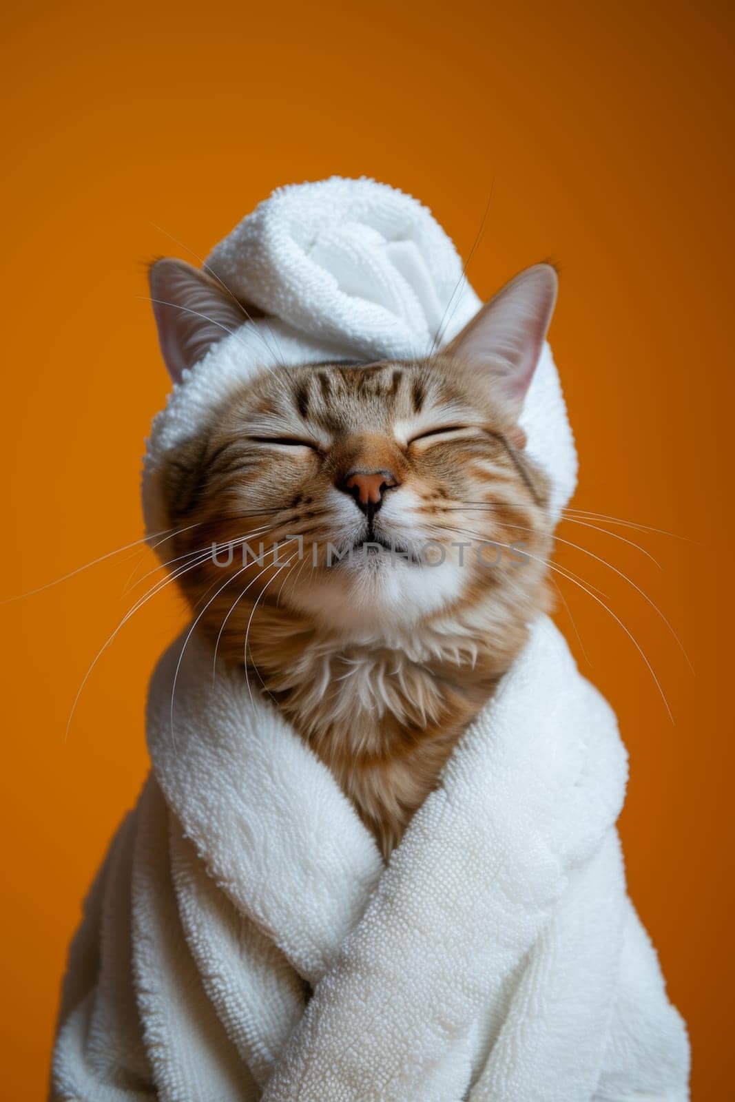 A happy morning image. A red-haired cat in a bathrobe and with a towel on his head rejoices on an orange background.