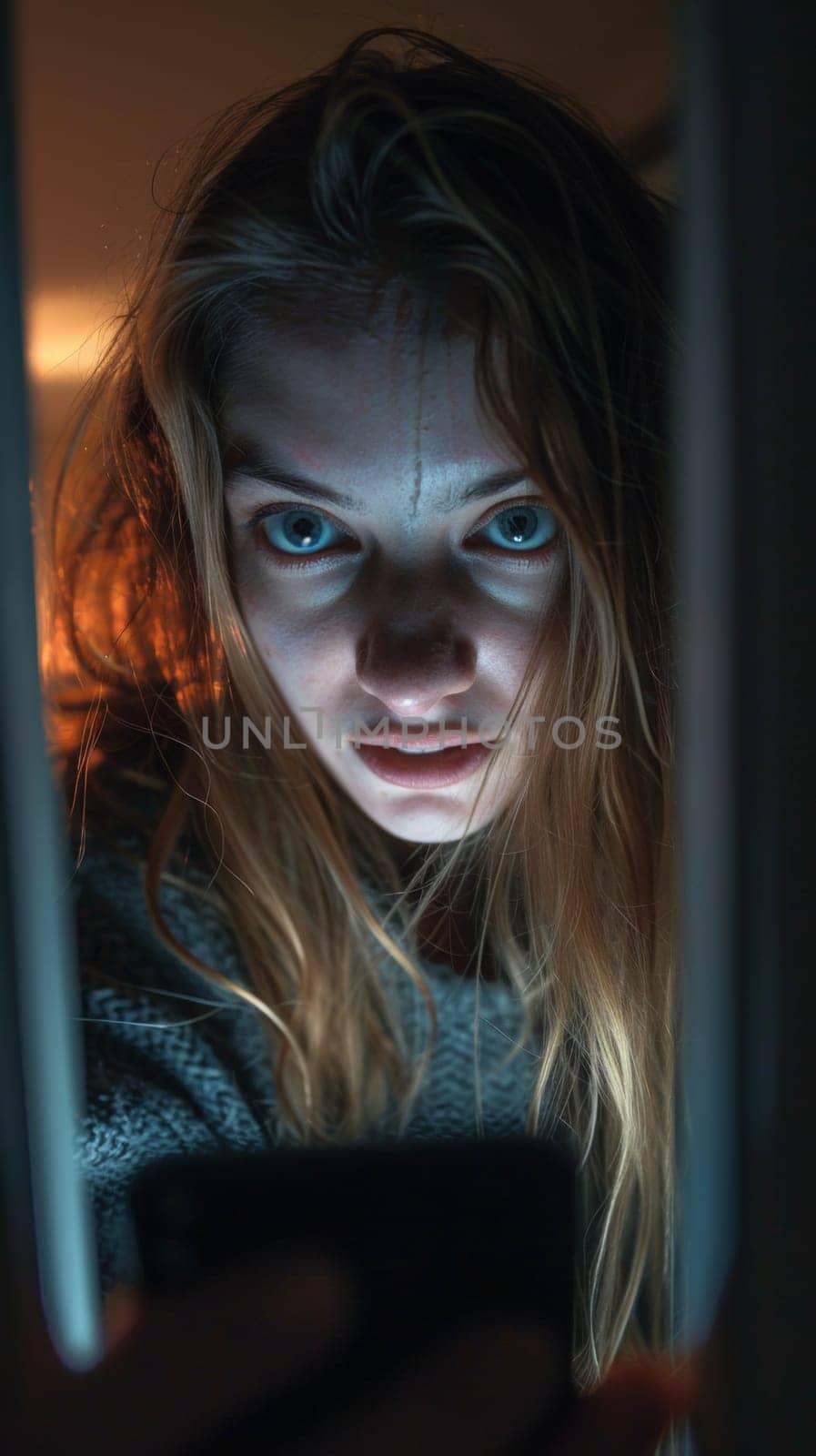 A woman looking at her cell phone in the dark, AI by starush