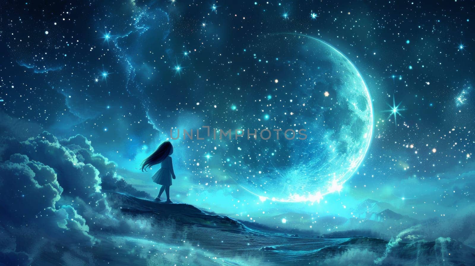 A girl standing on a hill looking at the moon, AI by starush