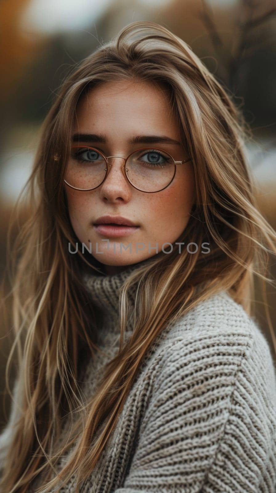 A woman with glasses and a sweater posing for the camera