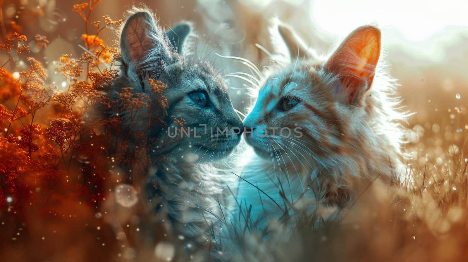 Two cats are kissing each other in a field of flowers