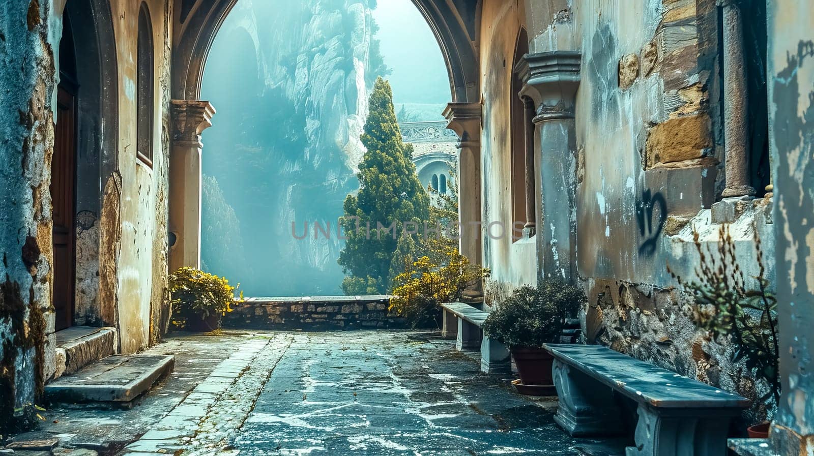 Serene view of an old, mystical courtyard with gothic arches and foggy ambiance