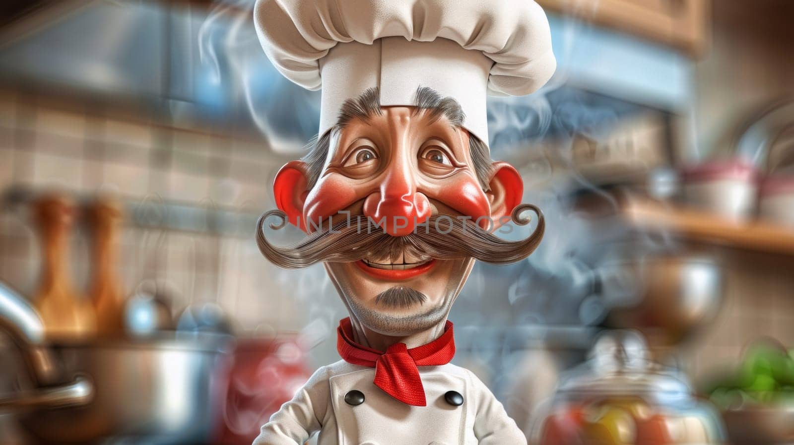 A cartoon chef with a mustache and red hair on top of the stove