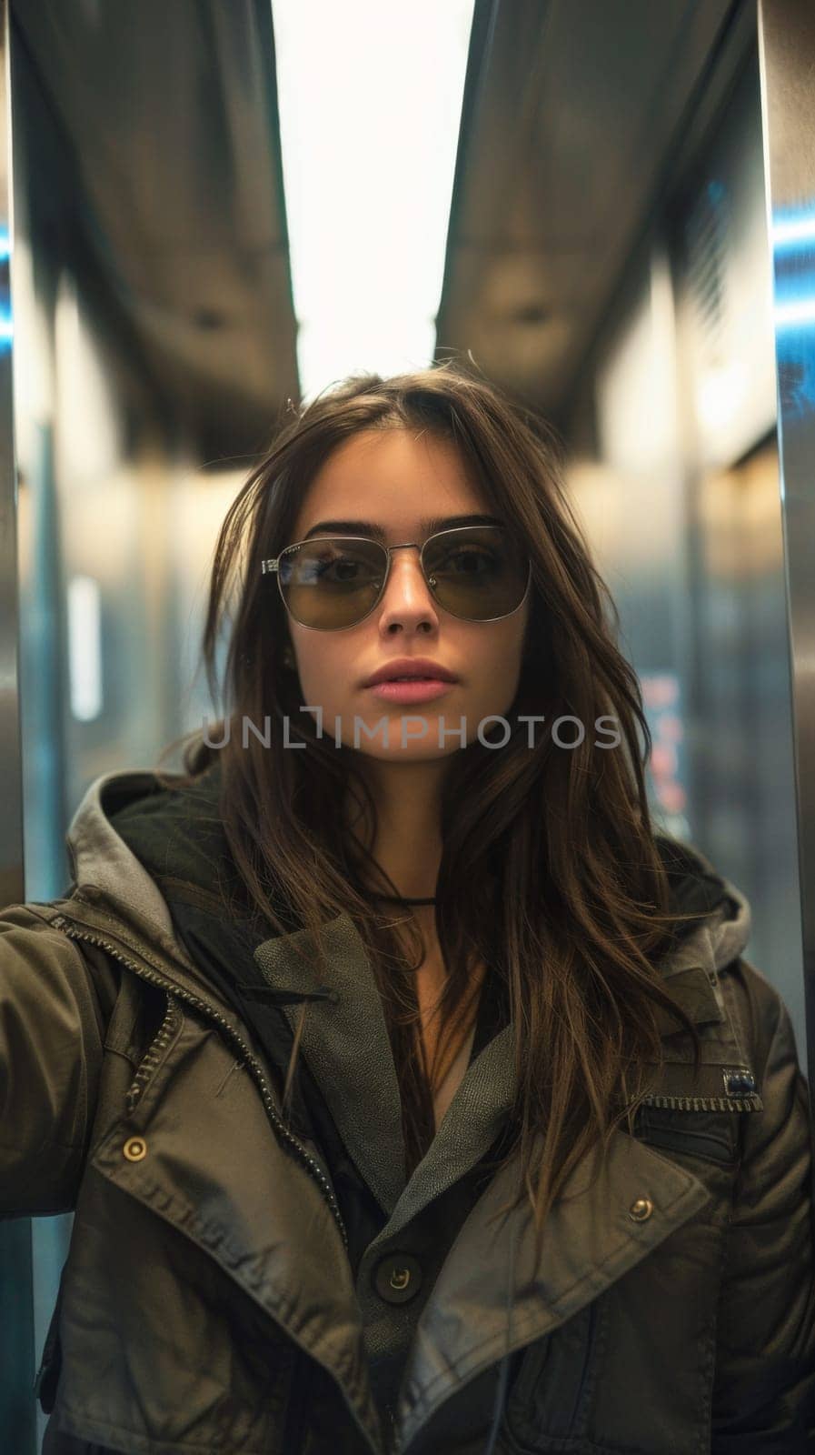 A woman in sunglasses standing on an elevator with a phone