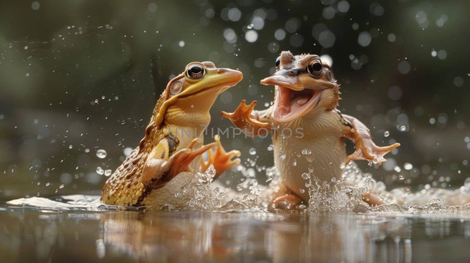 Two frogs are playing in the water together with raindrops, AI by starush