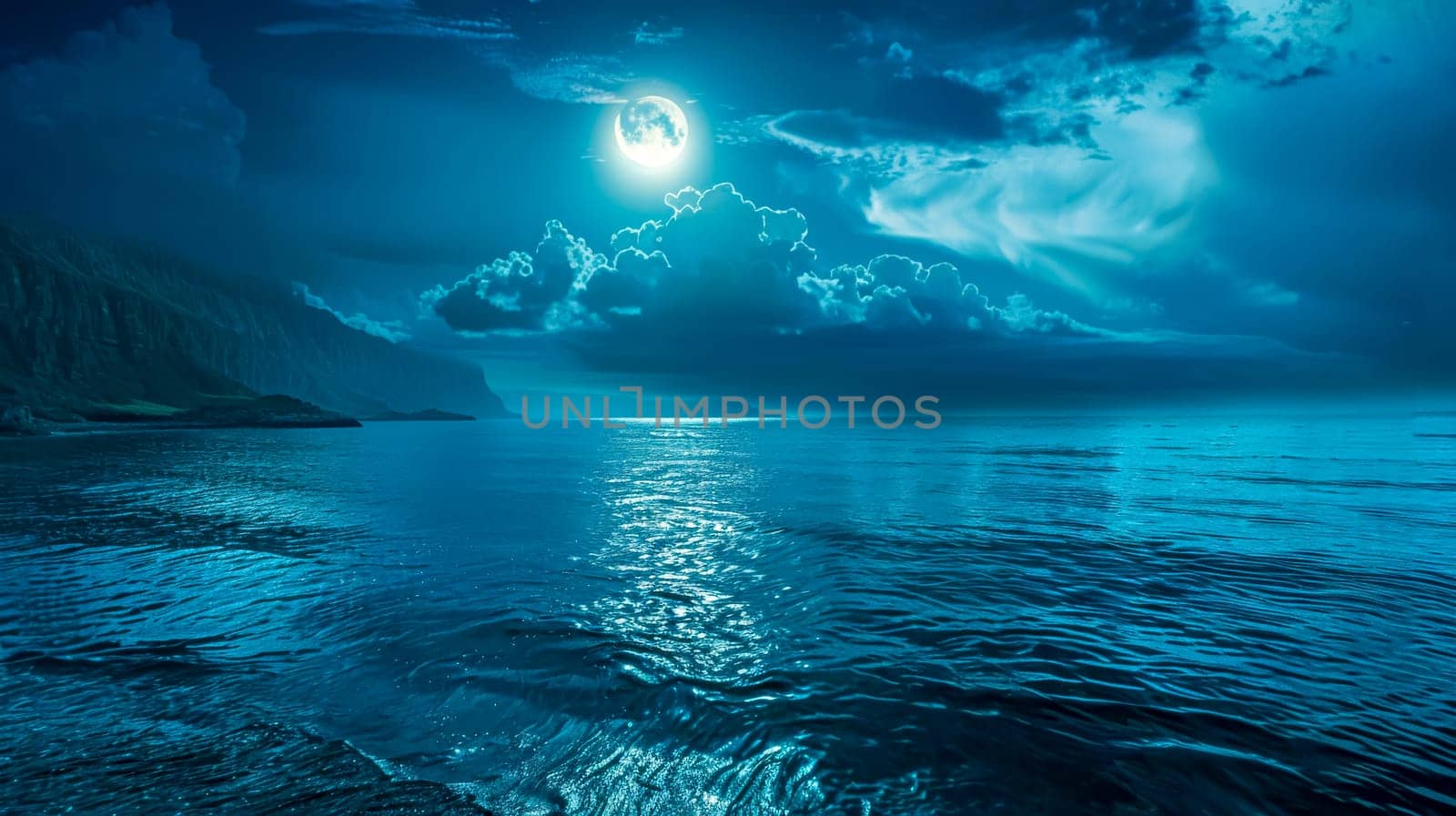 Surreal blue night scene with full moon over calm ocean waters
