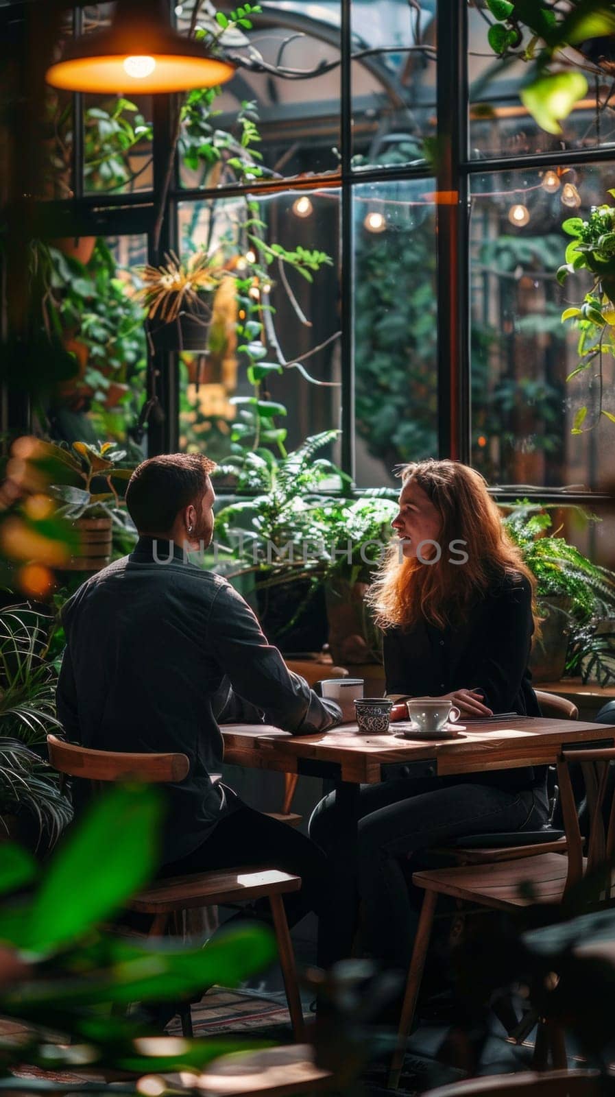 A couple sitting at a table in front of plants and trees