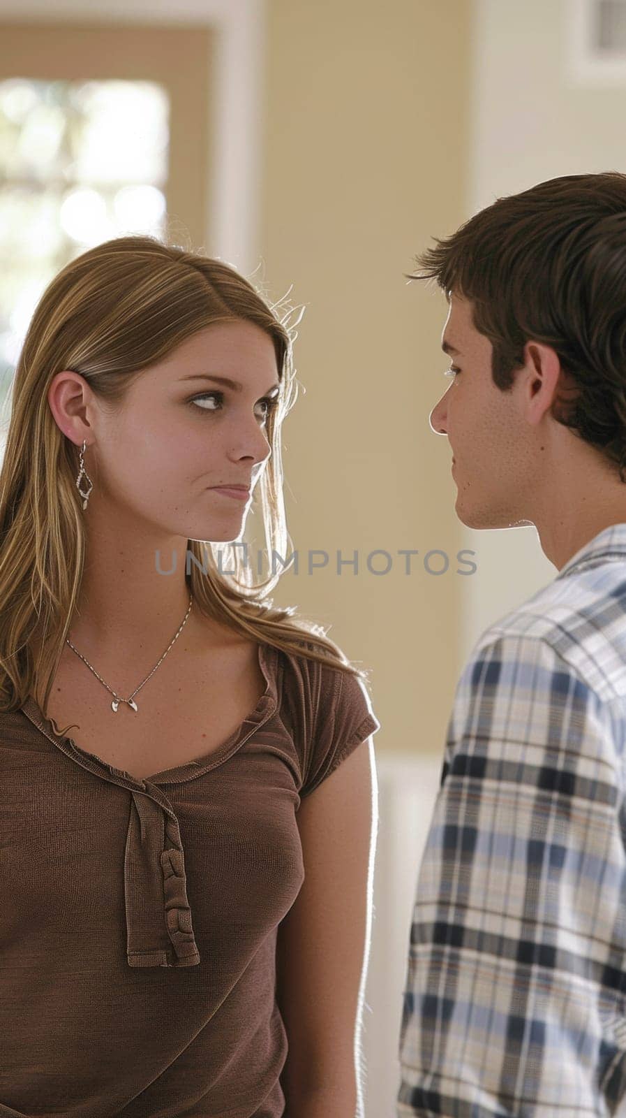 A man and woman standing in a room talking to each other