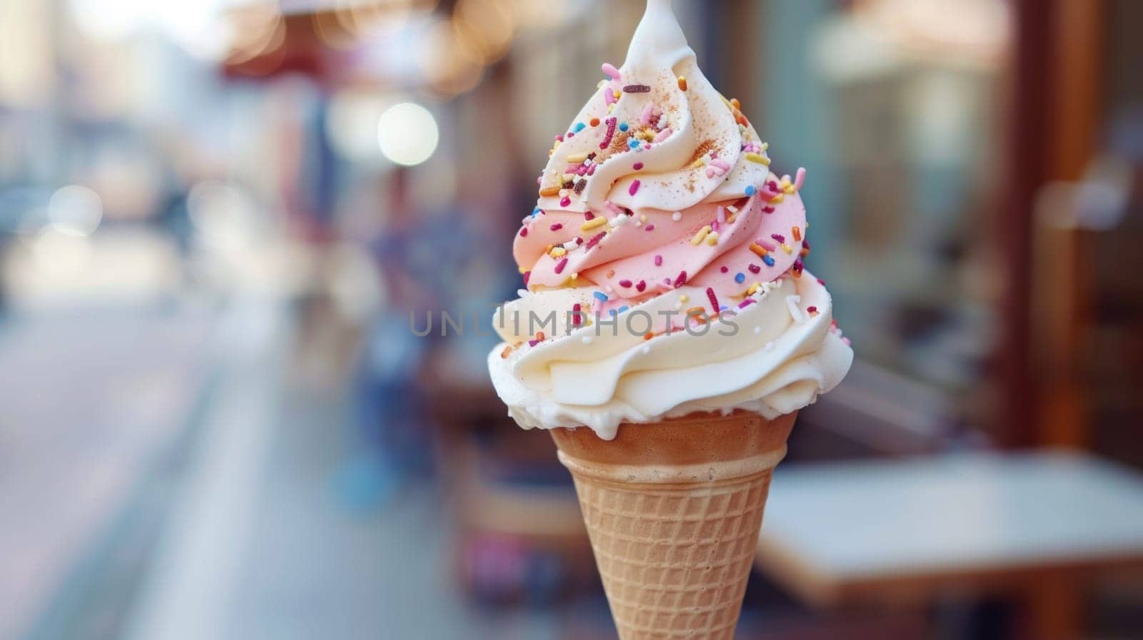 A close up of a cone with pink and white sprinkles, AI by starush