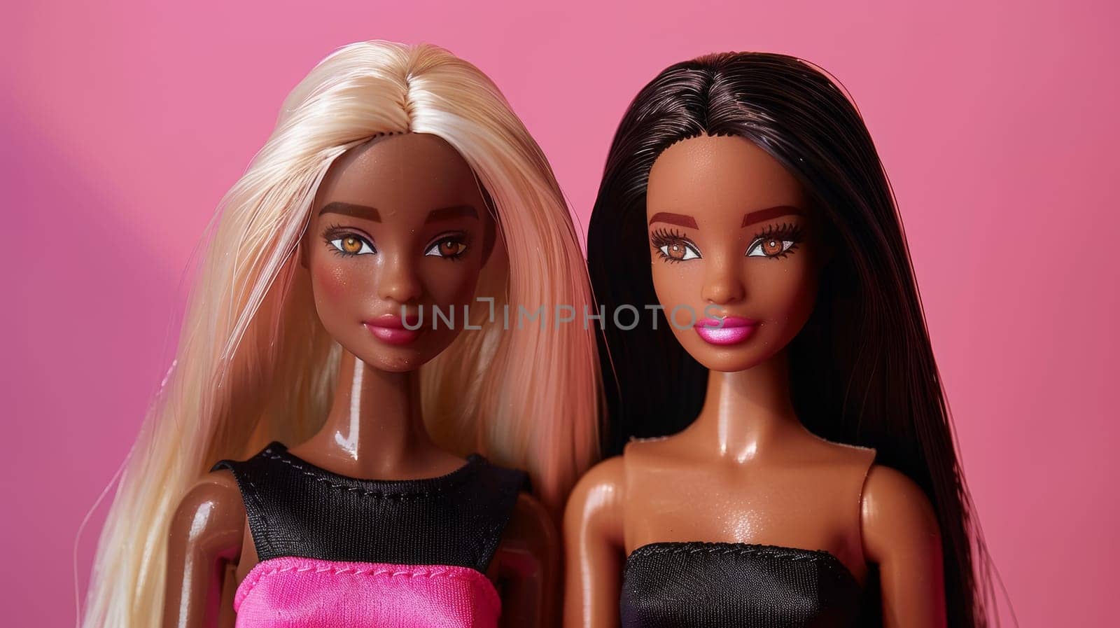 Two dolls with long blonde hair and black dresses are posed