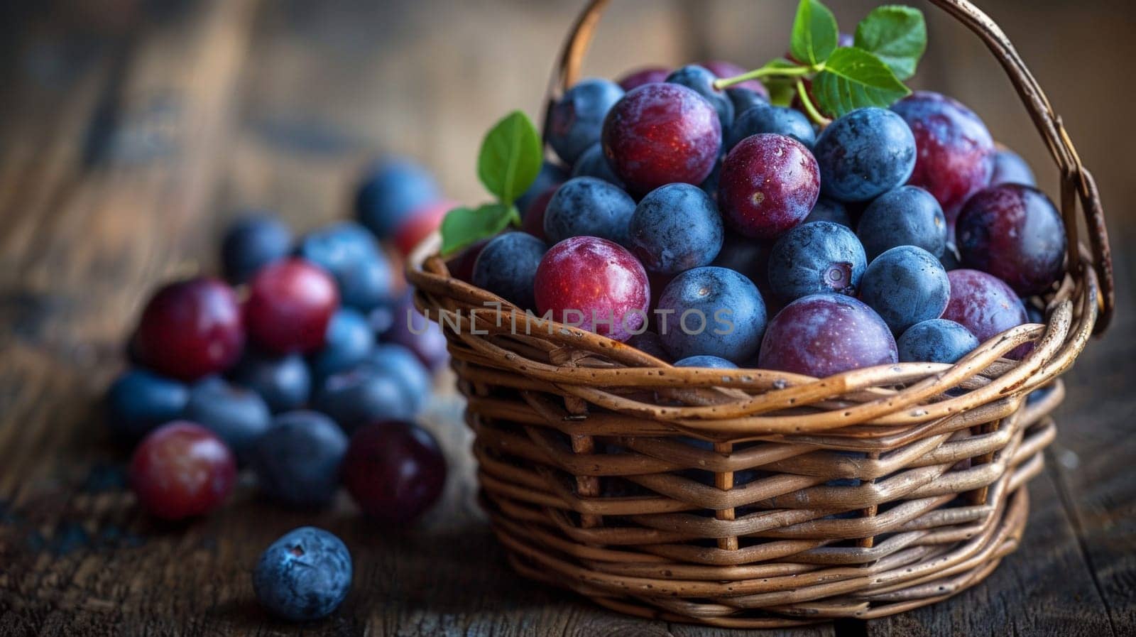 A basket of plums with leaves on a wooden table