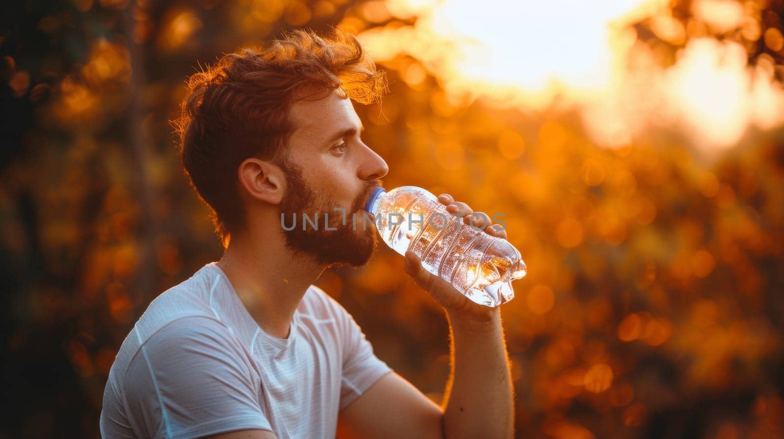 A man drinking water from a bottle while sitting outside