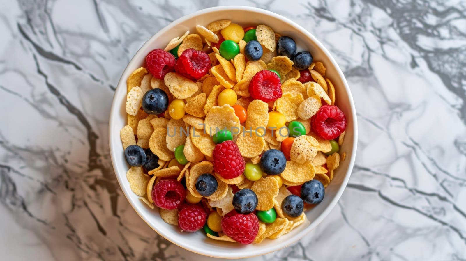 A bowl of cereal with fruit and nuts in it on a marble table