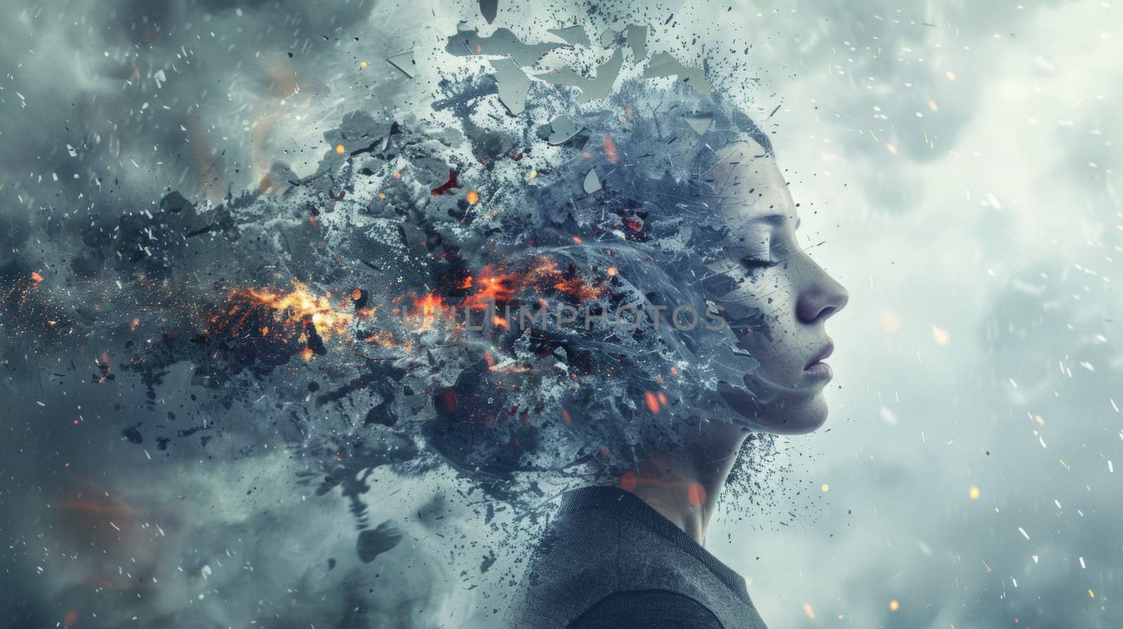 A woman with her head blown up by a burst of energy