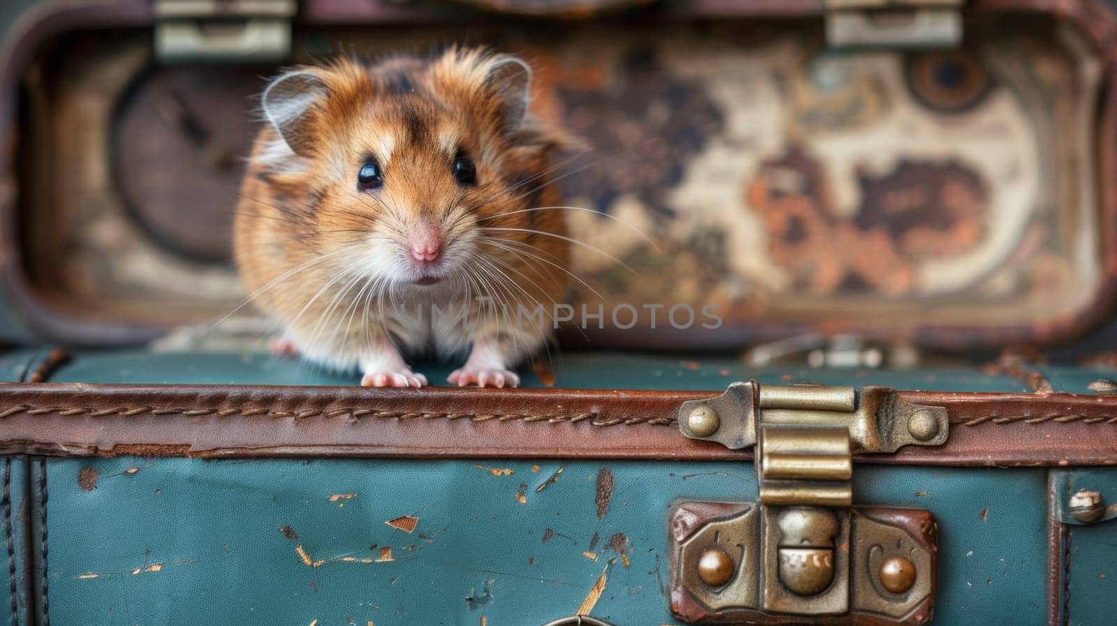 A small brown and white hamster sitting on top of a suitcase