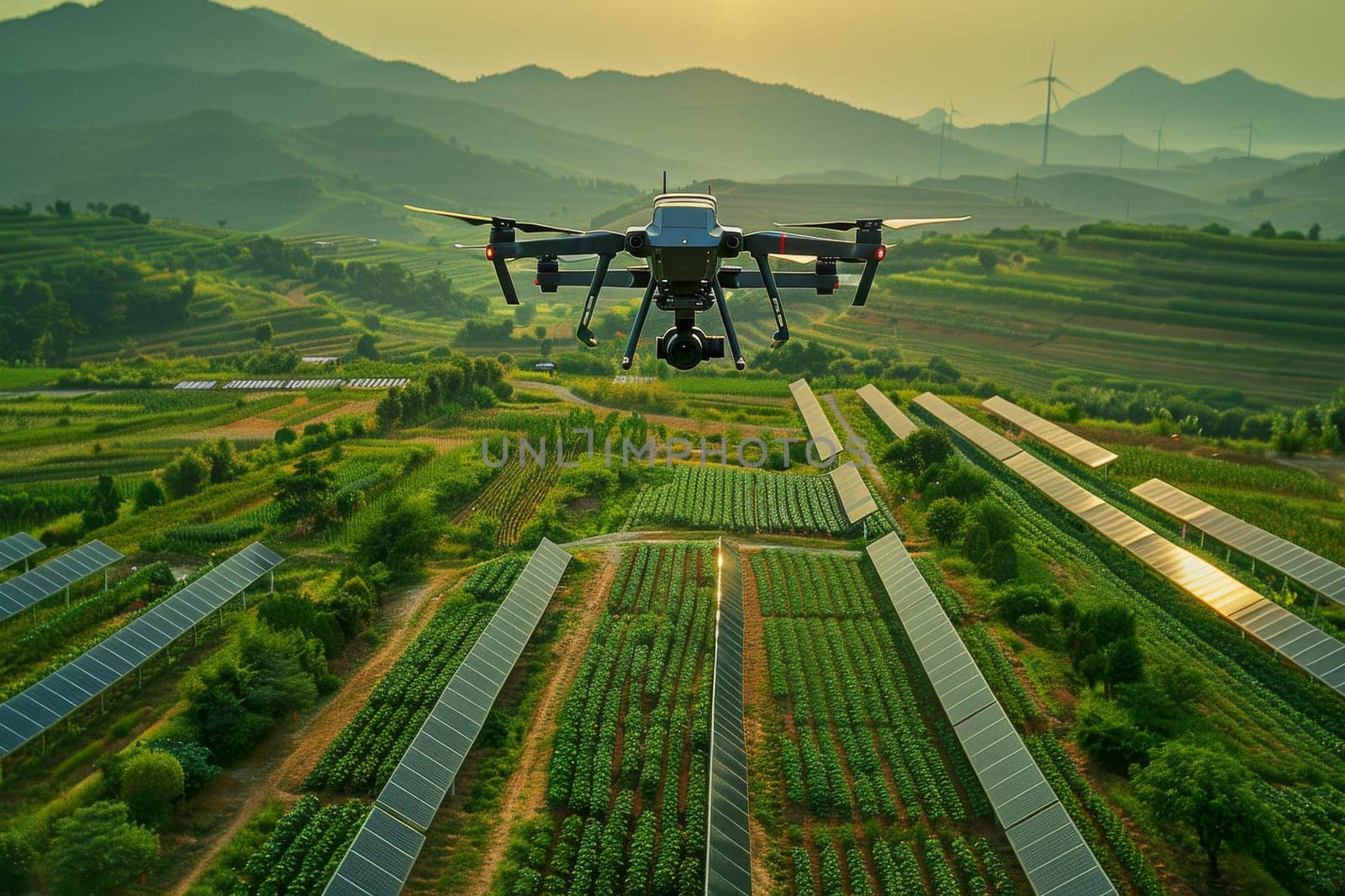 Farming with drone. agriculture and harvest technology innovation. Generative AI by itchaznong