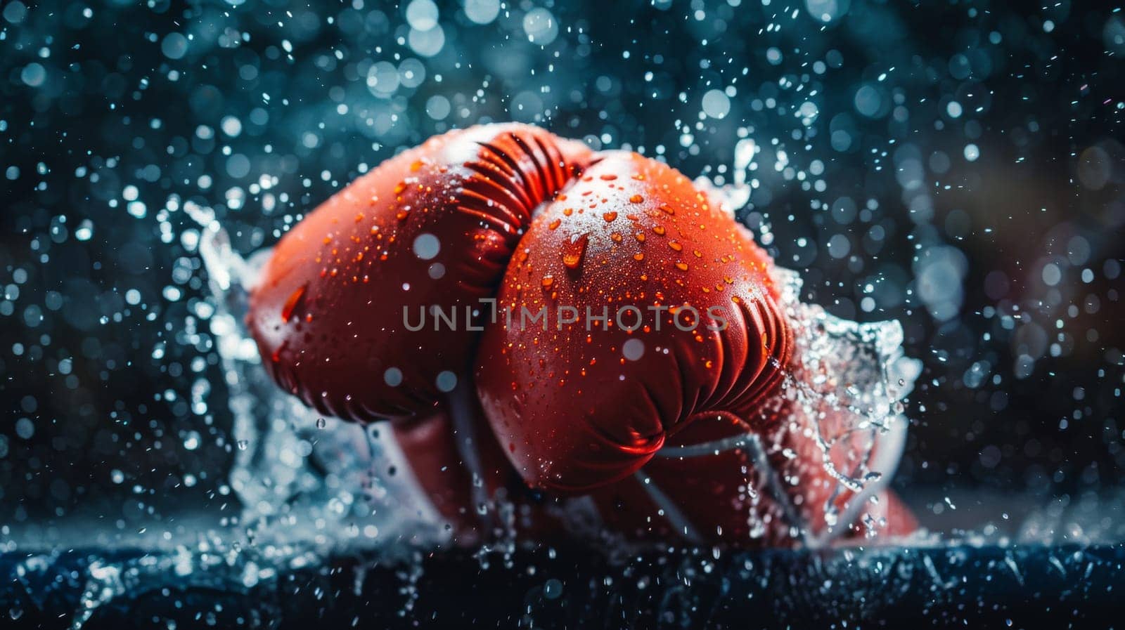 A pair of red boxing gloves are splashing in the water