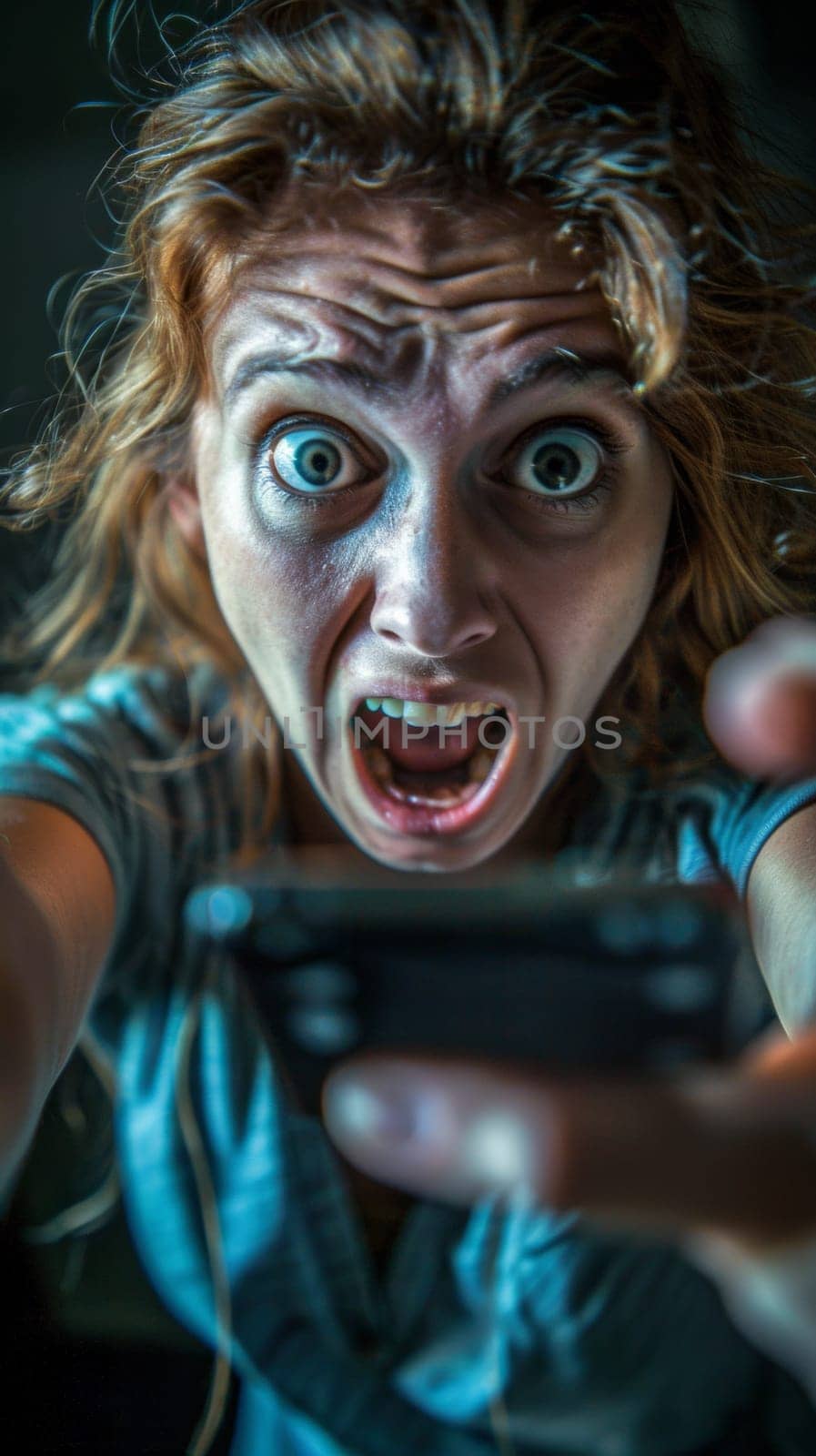 A woman holding a cell phone in her hand with an angry look on her face