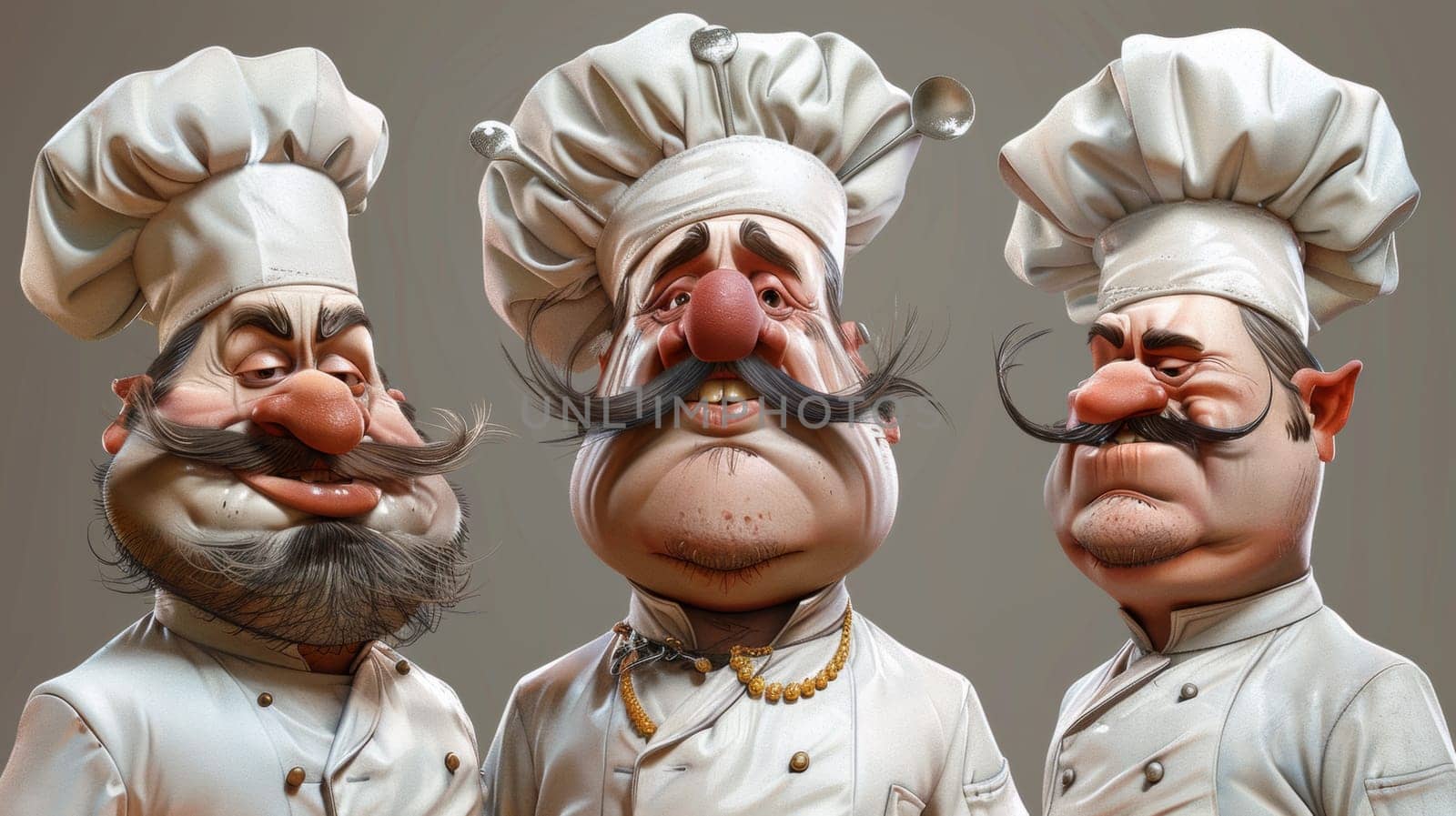 Three cartoon chefs with different facial expressions and hats