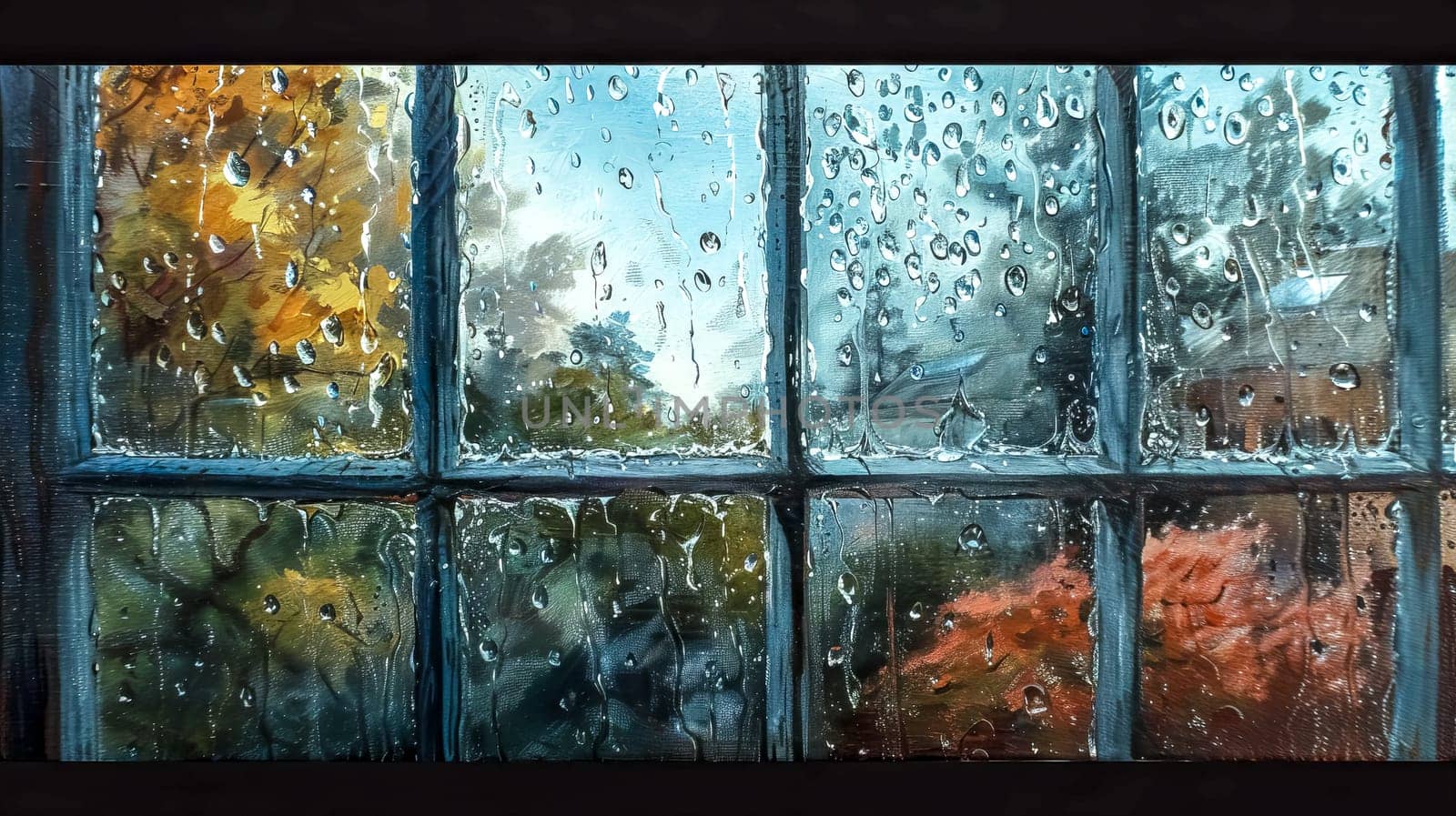 Raindrops on an old window with a blurred autumn landscape in the background