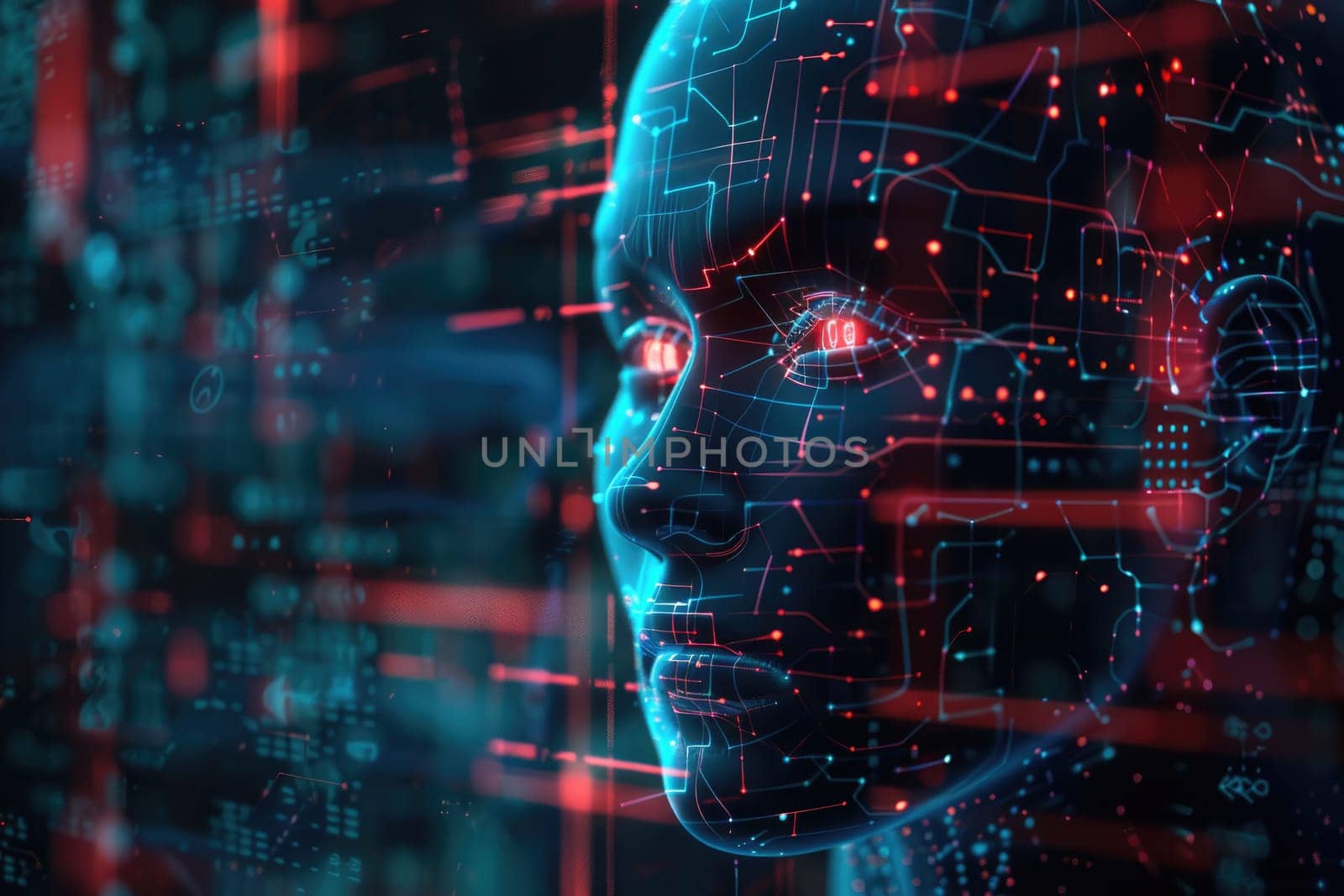 A woman's face is shown in a computer screen with a lot of red and blue lines. Concept of technology and artificial intelligence, as the woman's face is made up of circuits and wires