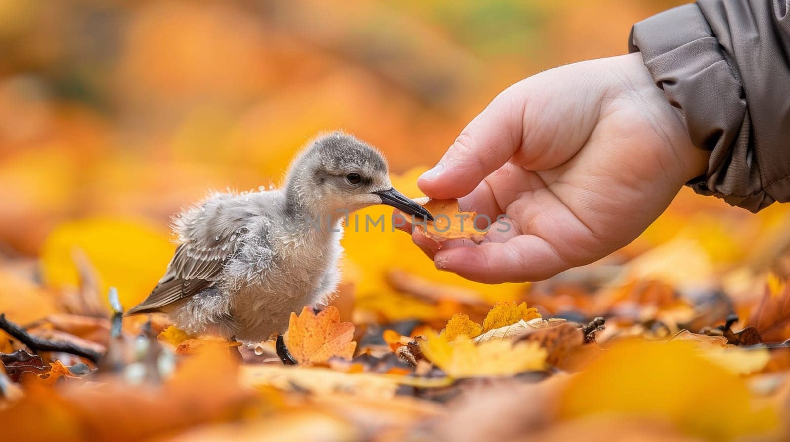 A small bird eating leaves from a hand of someone, AI by starush