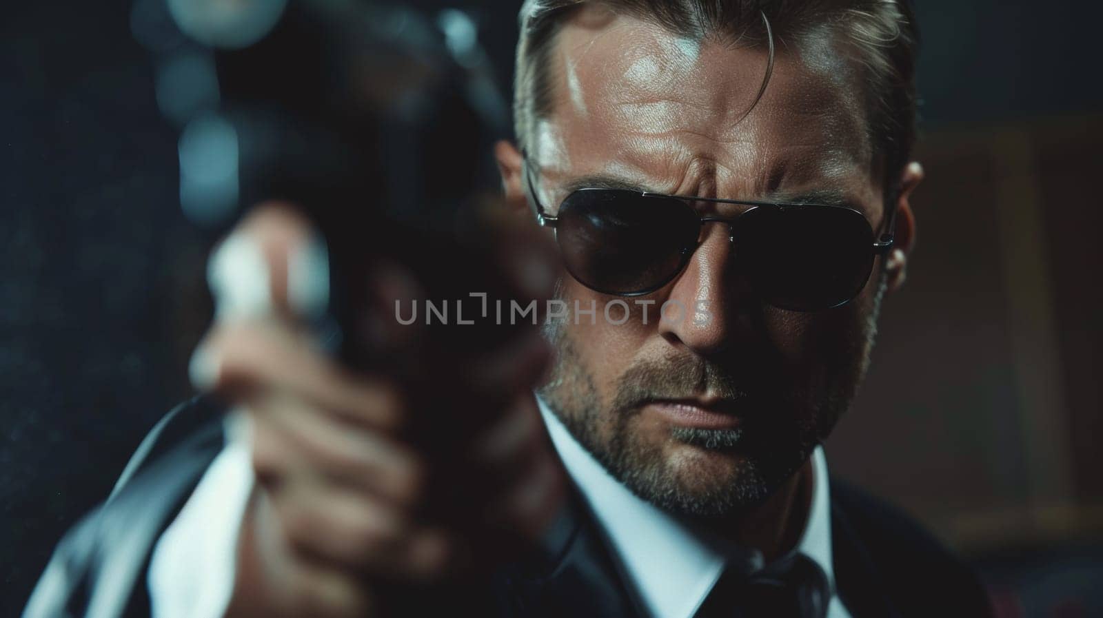 A man in sunglasses and a suit holding up his gun