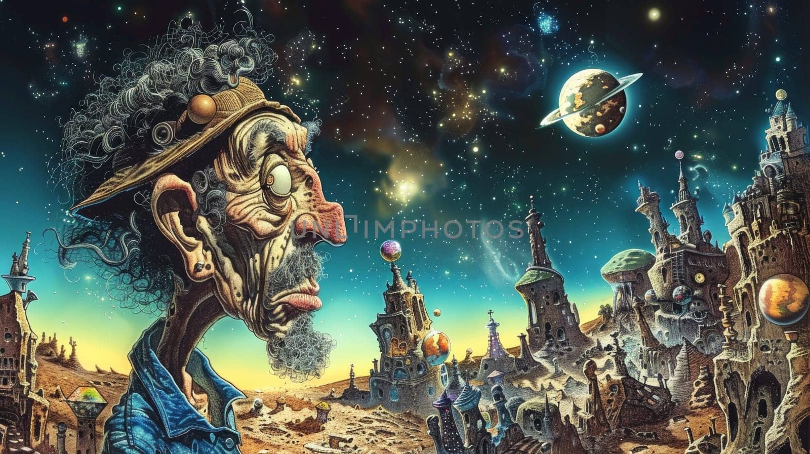 A painting of a man with an alien planet in the background