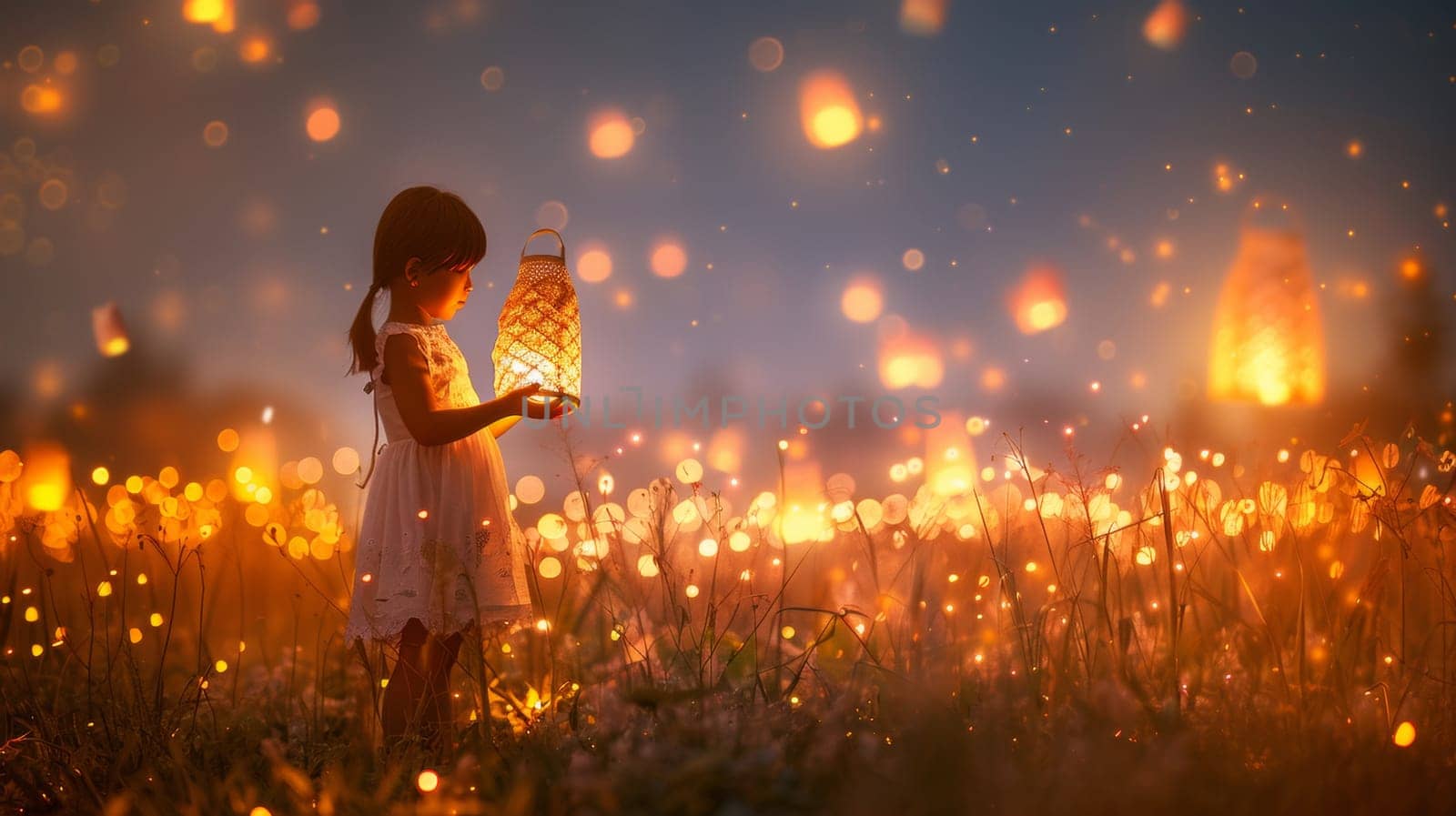 A little girl holding a lantern in the middle of grass