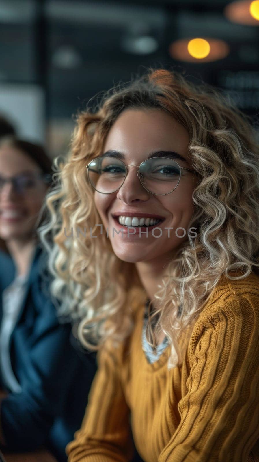 A woman with glasses smiling while sitting at a table, AI by starush