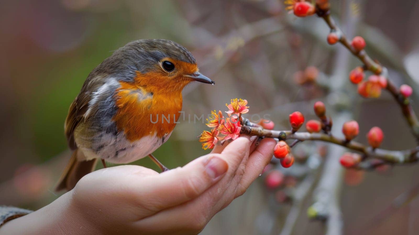 A small bird perched on a persons hand with flowers in the background, AI by starush