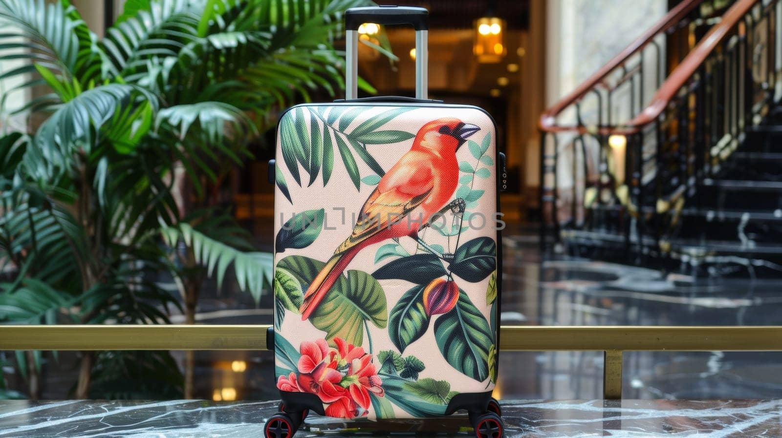 A colorful suitcase with a bird on it sitting in front of some plants