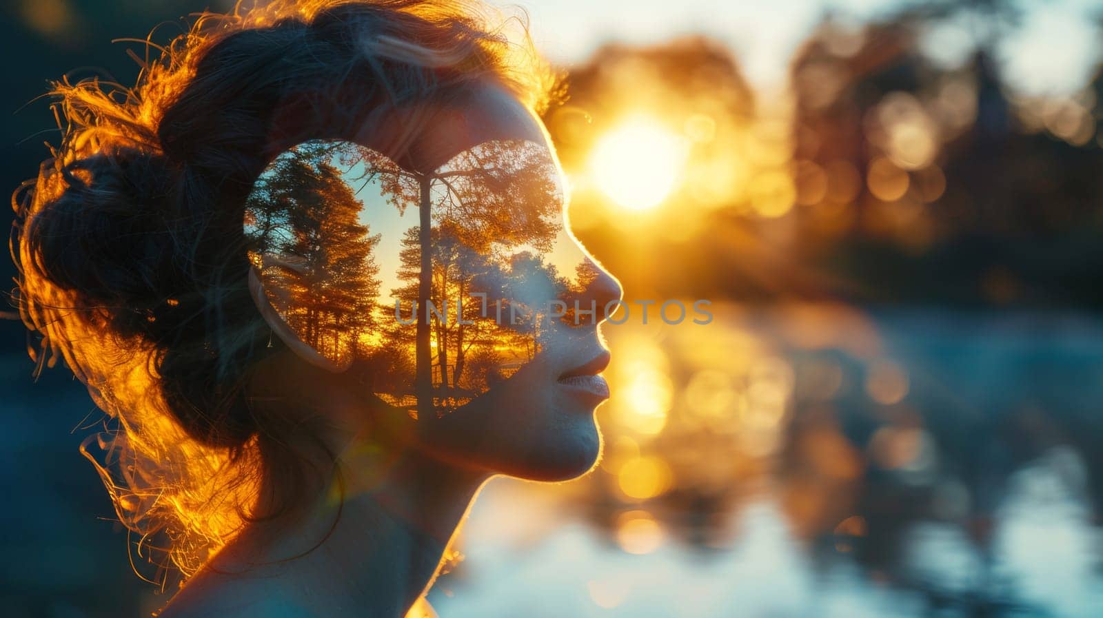 A woman with her face in the shape of a tree and sun