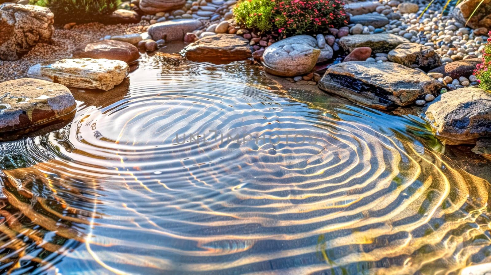 Circular ripples on a serene pond in a rock garden with warm sunset light reflecting