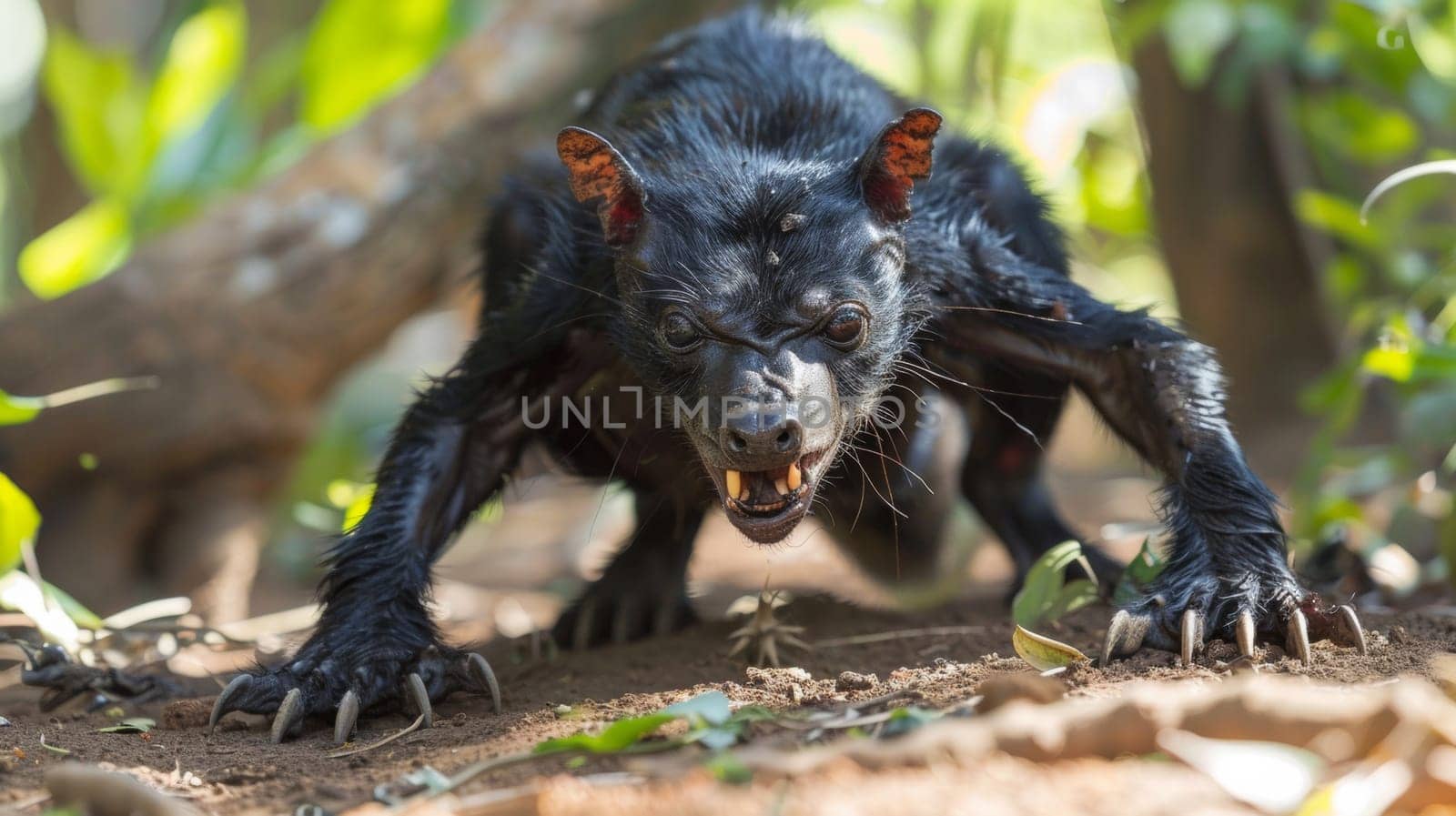 A black animal with large teeth and claws on the ground