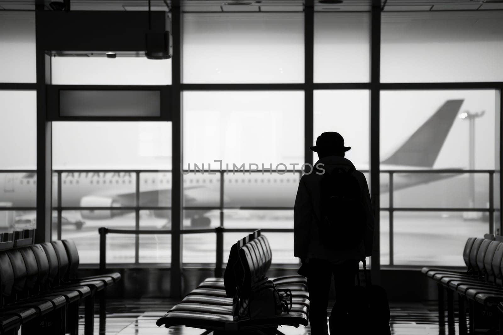 A man is walking through an airport terminal with a suitcase and a backpack. The man is looking out the window at an airplane. The scene is quiet and calm