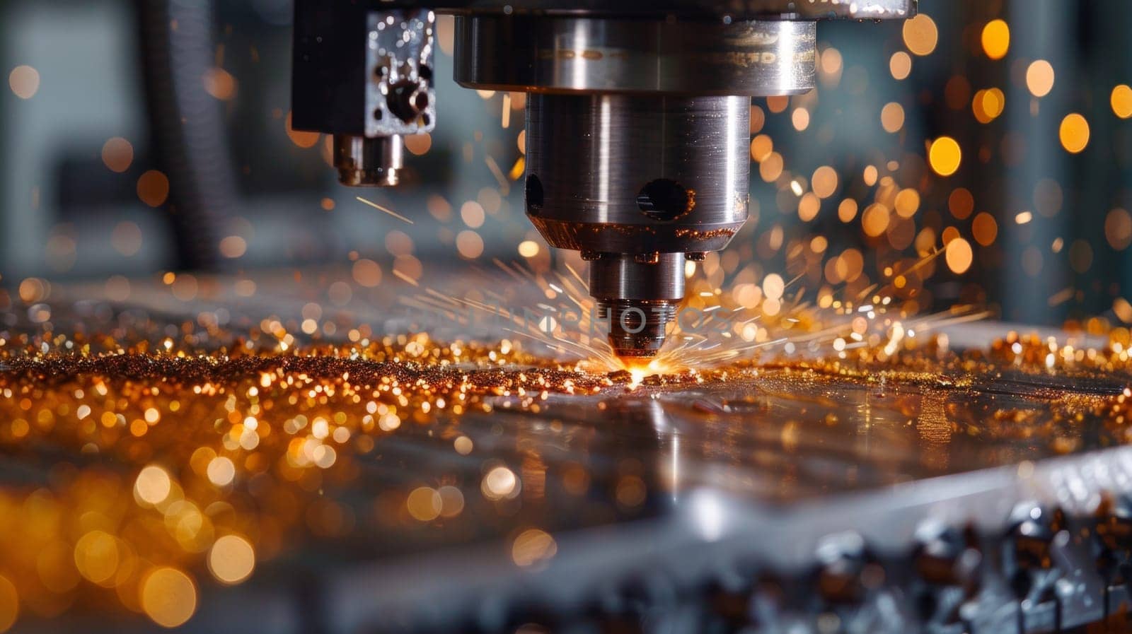 A machine is cutting metal with sparks flying everywhere