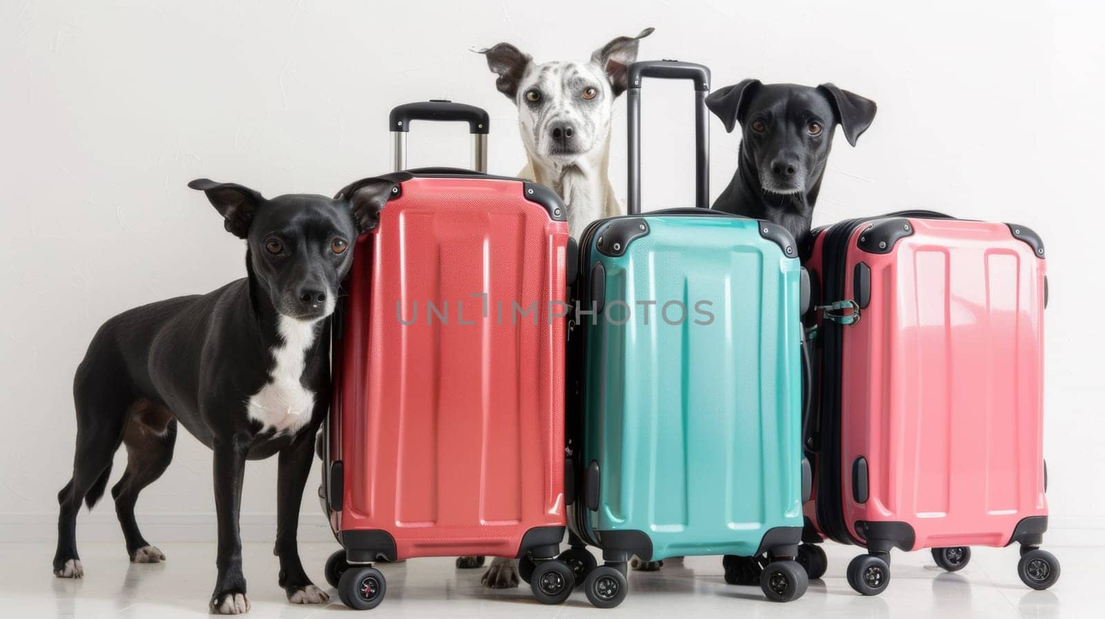 A group of dogs standing next to each other with luggage