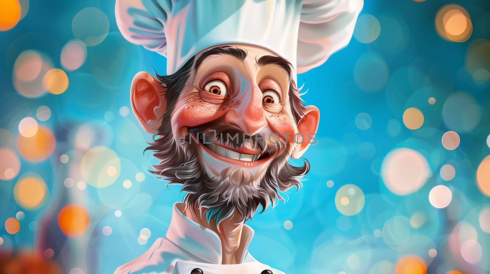 A cartoon of a smiling chef with beard and hat, AI by starush