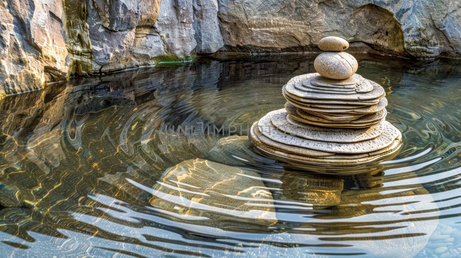 Balanced rock stack in tranquil pond against a cliff backdrop, symbolizing harmony