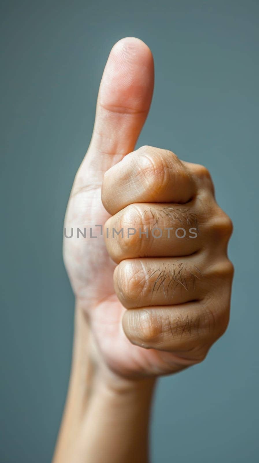 A close up of a man's hand giving the thumbs up