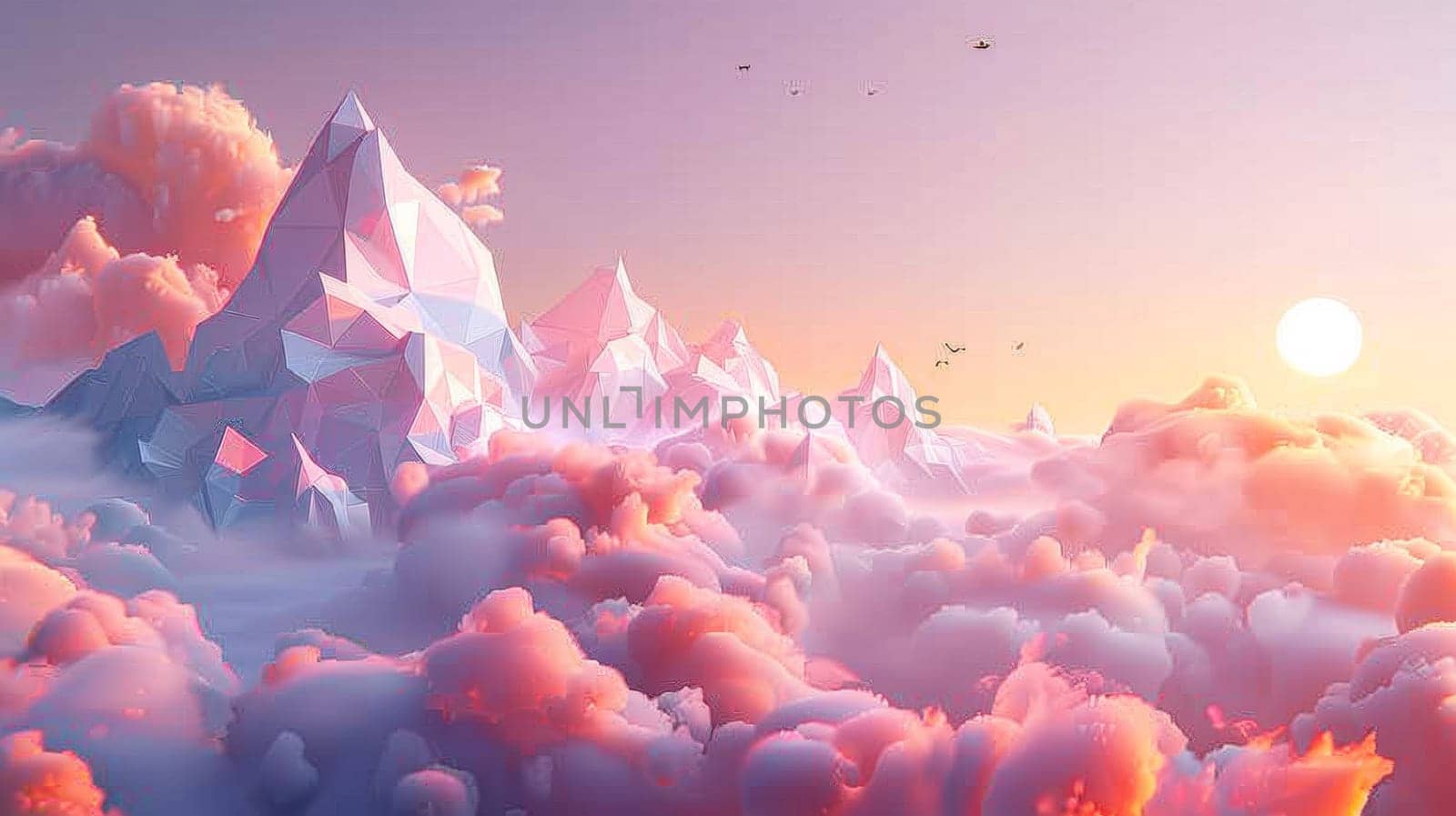 A picture of a mountain in the clouds with birds flying around it, AI by starush